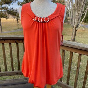 Alfani Womens Bubble Hem Top Size Medium Mandarin Red Sleeveless Silvertone Ring